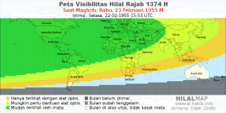HilalMap: Peta Visibilitas Hilal Rajab 1374 H: rukyat tanggal 1955-2-23 M