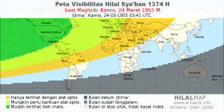 HilalMap: Peta Visibilitas Hilal Syaban 1374 H: rukyat tanggal 1955-3-24 M