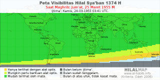 HilalMap: Peta Visibilitas Hilal Syaban 1374 H: rukyat tanggal 1955-3-25 M