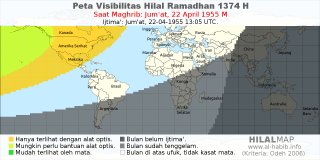 HilalMap: Peta Visibilitas Hilal Ramadhan 1374 H: rukyat tanggal 1955-4-22 M