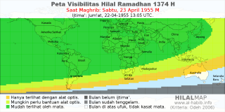 HilalMap: Peta Visibilitas Hilal Ramadhan 1374 H: rukyat tanggal 1955-4-23 M