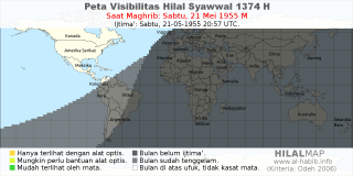 HilalMap: Peta Visibilitas Hilal Syawwal 1374 H: rukyat tanggal 1955-5-21 M