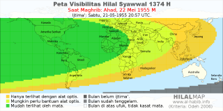 HilalMap: Peta Visibilitas Hilal Syawwal 1374 H: rukyat tanggal 1955-5-22 M
