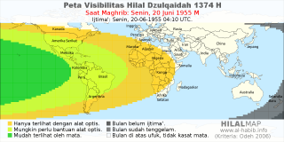 HilalMap: Peta Visibilitas Hilal Dzulqaidah 1374 H: rukyat tanggal 1955-6-20 M