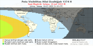 HilalMap: Peta Visibilitas Hilal Dzulhijjah 1374 H: rukyat tanggal 1955-7-19 M