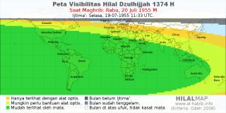 HilalMap: Peta Visibilitas Hilal Dzulhijjah 1374 H: rukyat tanggal 1955-7-20 M