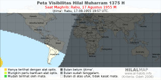 HilalMap: Peta Visibilitas Hilal Muharram 1375 H: rukyat tanggal 1955-8-17 M