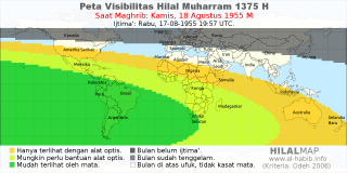 HilalMap: Peta Visibilitas Hilal Muharram 1375 H: rukyat tanggal 1955-8-18 M