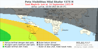 HilalMap: Peta Visibilitas Hilal Shafar 1375 H: rukyat tanggal 1955-9-16 M