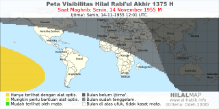 HilalMap: Peta Visibilitas Hilal Rabiul-Akhir 1375 H: rukyat tanggal 1955-11-14 M