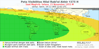 HilalMap: Peta Visibilitas Hilal Rabiul-Akhir 1375 H: rukyat tanggal 1955-11-15 M