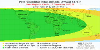 HilalMap: Peta Visibilitas Hilal Jumadal-Awwal 1375 H: rukyat tanggal 1955-12-15 M