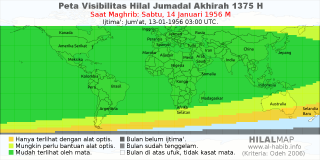 HilalMap: Peta Visibilitas Hilal Jumadal-Akhirah 1375 H: rukyat tanggal 1956-1-14 M