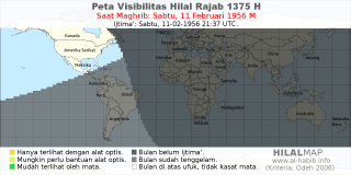 HilalMap: Peta Visibilitas Hilal Rajab 1375 H: rukyat tanggal 1956-2-11 M