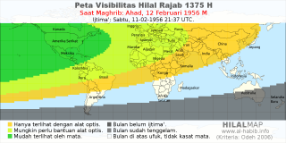HilalMap: Peta Visibilitas Hilal Rajab 1375 H: rukyat tanggal 1956-2-12 M