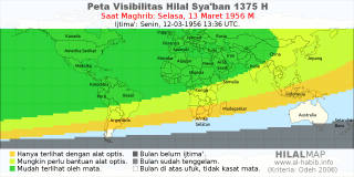 HilalMap: Peta Visibilitas Hilal Syaban 1375 H: rukyat tanggal 1956-3-13 M
