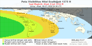 HilalMap: Peta Visibilitas Hilal Dzulhijjah 1375 H: rukyat tanggal 1956-7-8 M