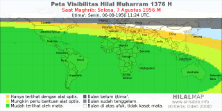 HilalMap: Peta Visibilitas Hilal Muharram 1376 H: rukyat tanggal 1956-8-7 M