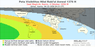 HilalMap: Peta Visibilitas Hilal Rabiul-Awwal 1376 H: rukyat tanggal 1956-10-4 M