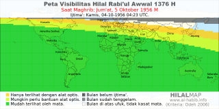 HilalMap: Peta Visibilitas Hilal Rabiul-Awwal 1376 H: rukyat tanggal 1956-10-5 M