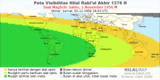 HilalMap: Peta Visibilitas Hilal Rabiul-Akhir 1376 H: rukyat tanggal 1956-11-3 M