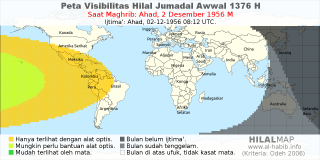 HilalMap: Peta Visibilitas Hilal Jumadal-Awwal 1376 H: rukyat tanggal 1956-12-2 M