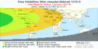 HilalMap: Peta Visibilitas Hilal Jumadal-Akhirah 1376 H: rukyat tanggal 1957-1-1 M