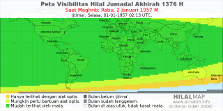 HilalMap: Peta Visibilitas Hilal Jumadal-Akhirah 1376 H: rukyat tanggal 1957-1-2 M