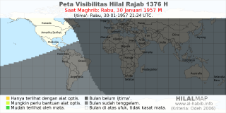 HilalMap: Peta Visibilitas Hilal Rajab 1376 H: rukyat tanggal 1957-1-30 M