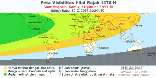HilalMap: Peta Visibilitas Hilal Rajab 1376 H: rukyat tanggal 1957-1-31 M