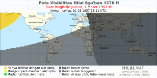 HilalMap: Peta Visibilitas Hilal Syaban 1376 H: rukyat tanggal 1957-3-1 M