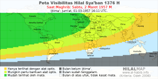 HilalMap: Peta Visibilitas Hilal Syaban 1376 H: rukyat tanggal 1957-3-2 M