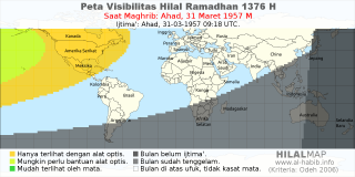 HilalMap: Peta Visibilitas Hilal Ramadhan 1376 H: rukyat tanggal 1957-3-31 M