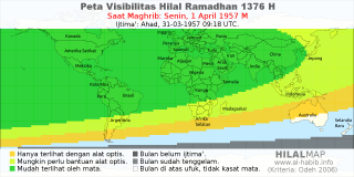HilalMap: Peta Visibilitas Hilal Ramadhan 1376 H: rukyat tanggal 1957-4-1 M