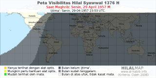 HilalMap: Peta Visibilitas Hilal Syawwal 1376 H: rukyat tanggal 1957-4-29 M
