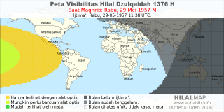 HilalMap: Peta Visibilitas Hilal Dzulqaidah 1376 H: rukyat tanggal 1957-5-29 M