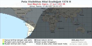 HilalMap: Peta Visibilitas Hilal Dzulhijjah 1376 H: rukyat tanggal 1957-6-27 M