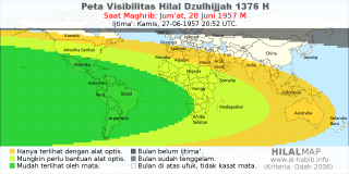 HilalMap: Peta Visibilitas Hilal Dzulhijjah 1376 H: rukyat tanggal 1957-6-28 M