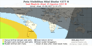 HilalMap: Peta Visibilitas Hilal Shafar 1377 H: rukyat tanggal 1957-8-25 M