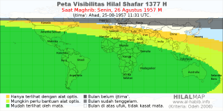HilalMap: Peta Visibilitas Hilal Shafar 1377 H: rukyat tanggal 1957-8-26 M