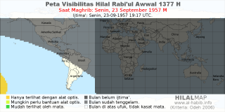 HilalMap: Peta Visibilitas Hilal Rabiul-Awwal 1377 H: rukyat tanggal 1957-9-23 M