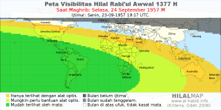 HilalMap: Peta Visibilitas Hilal Rabiul-Awwal 1377 H: rukyat tanggal 1957-9-24 M