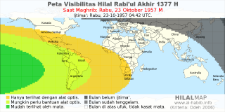 HilalMap: Peta Visibilitas Hilal Rabiul-Akhir 1377 H: rukyat tanggal 1957-10-23 M