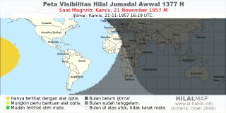 HilalMap: Peta Visibilitas Hilal Jumadal-Awwal 1377 H: rukyat tanggal 1957-11-21 M