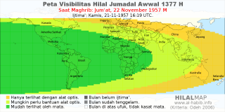 HilalMap: Peta Visibilitas Hilal Jumadal-Awwal 1377 H: rukyat tanggal 1957-11-22 M