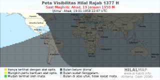 HilalMap: Peta Visibilitas Hilal Rajab 1377 H: rukyat tanggal 1958-1-19 M