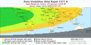 HilalMap: Peta Visibilitas Hilal Rajab 1377 H: rukyat tanggal 1958-1-20 M
