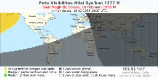 HilalMap: Peta Visibilitas Hilal Syaban 1377 H: rukyat tanggal 1958-2-18 M