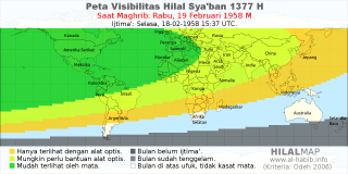 HilalMap: Peta Visibilitas Hilal Syaban 1377 H: rukyat tanggal 1958-2-19 M