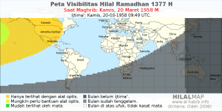 HilalMap: Peta Visibilitas Hilal Ramadhan 1377 H: rukyat tanggal 1958-3-20 M